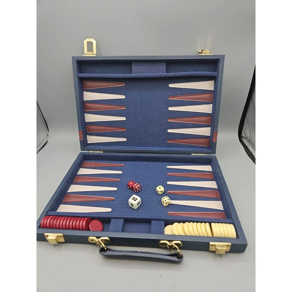Vintage Style Backgammon Travel Set Blue Navy Case Dice Chips Folding Board